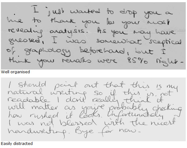 Handwritten notes on gray background, two blocks of text, black ink, comparing graphology analysis accuracy