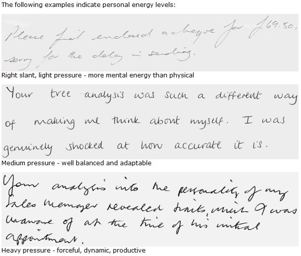Handwritten text examples showing personal energy levels in a document with three sections and grey backgrounds